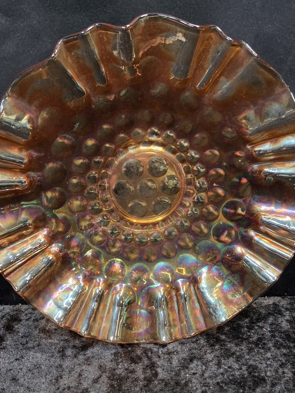 Fenton Carnival Glass Marigold Coin Dot Ruffled Bowl